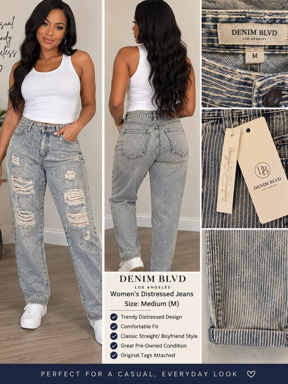 DENIM BLVD Gray Distressed Boyfriend Jeans — Medium